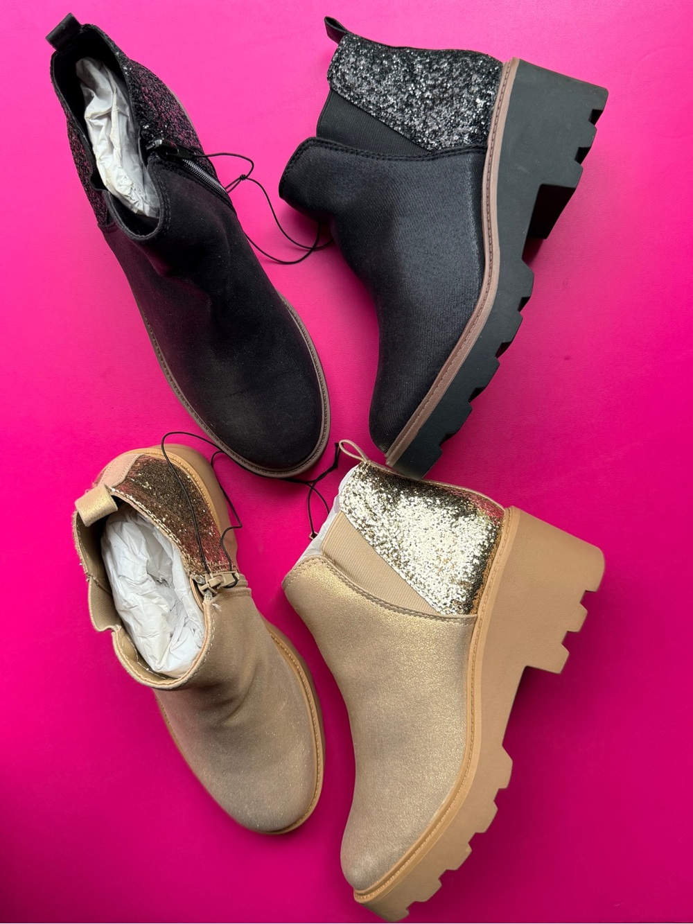 MIA Girls Boot Bundle Leila Chelsea Boot Lug Sole NWT Black Gold Glitter Youth 4